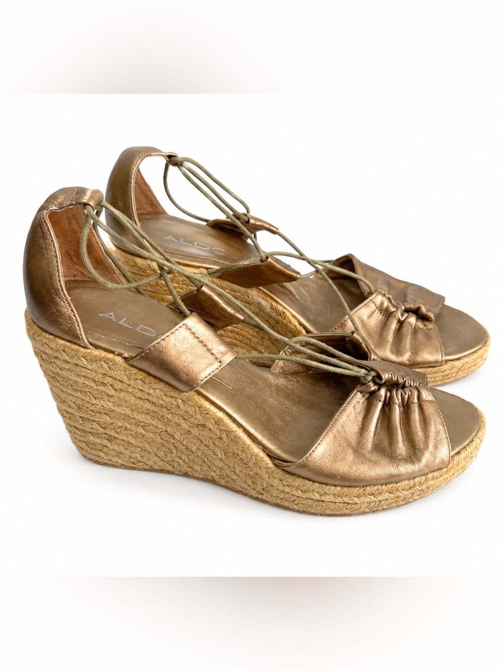 ALDO Metallic Bronze Lace-Up Espadrille Wedge Sandals Size 9